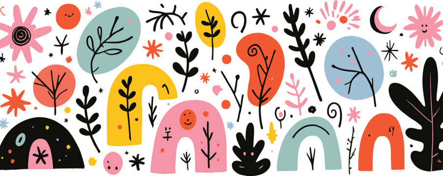Floral and celestial pattern with abstract shapes vector illustration on white background