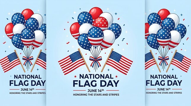 National Flag Day June 14th poster, patriotic American flag balloons and confetti, honoring the stars and stripes holiday celebration graphic