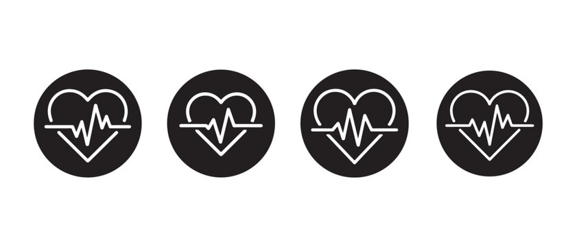 Four black circles with white heart and electrocardiogram line inside, representing health and life.