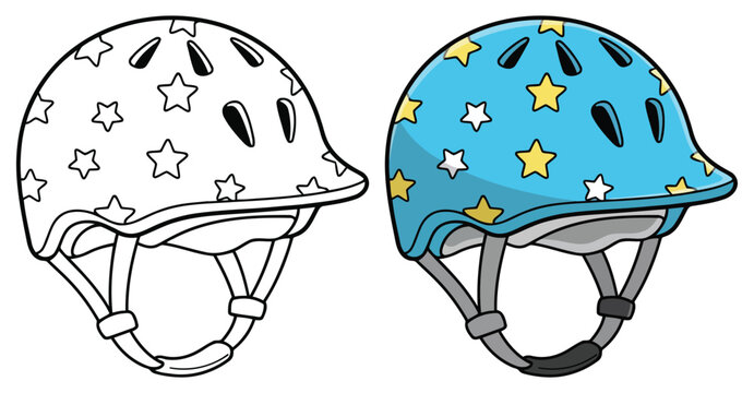 Helmet with bright stars and protective straps for children to enjoy a creative and fun coloring page