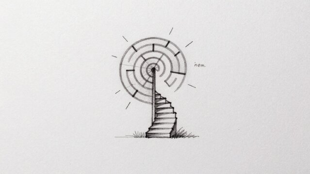 Black-and-white drawing plain light-colored paper winding staircase made thin vertical steps lead top tall cyl