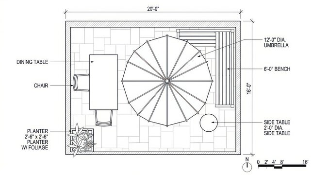 Outdoor patio layout plan with dining table umbrella bench and planter details