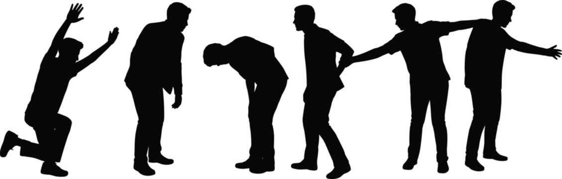 Human silhouette collection showing emotional body language gestures and expressive standing poses isolated on light background