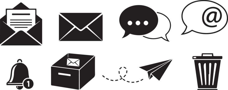 Black and white email communication icons on white background