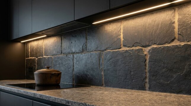 Dark Slate Tile Backsplash With Irregular Grout Lines Featuring Under Cabinet Lighting in a Modern Kitchen Setting