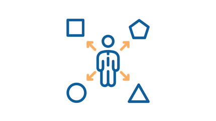 Fototapeta premium Conceptual illustration of a person surrounded by geometric shapes and arrows, symbolizing decision-making and options.