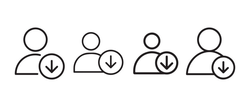 Set of four user profile icons with download arrows inside circles, simple line art design.