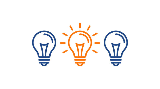 A single orange lightbulb glows brightly amongst two unlit blue lightbulbs, symbolizing a unique idea.