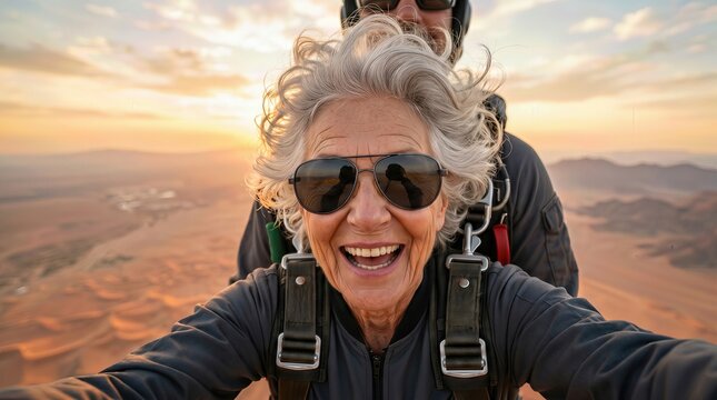Senior woman with gray hair and sunglasses smiles for a selfie while skydiving over a desert landscape at sunset, with a skydiving instructor visible behind her
