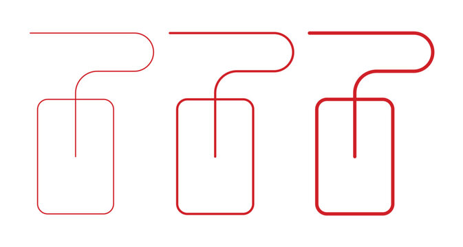 Minimalist computer mouse line icons, red thin stroke electronic hardware symbols, set of three digital clicker vector illustrations for web design