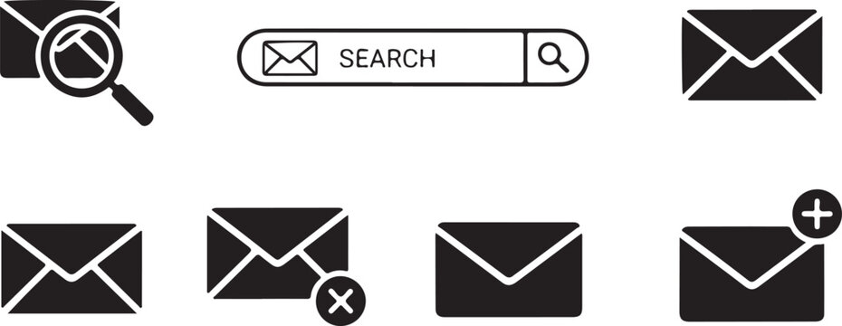 Email icons with search magnifying glass and symbols on white background