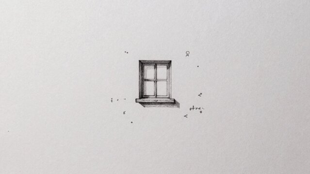 Black-and-white drawing small rectangular window pitched roof drawn realistic sketch-like style careful attent