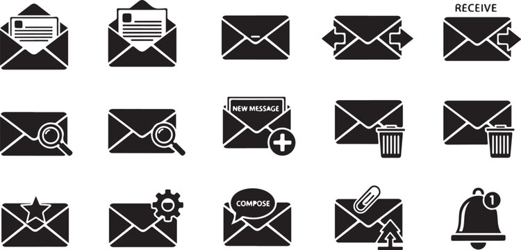 Email icons with various symbols and actions on white background