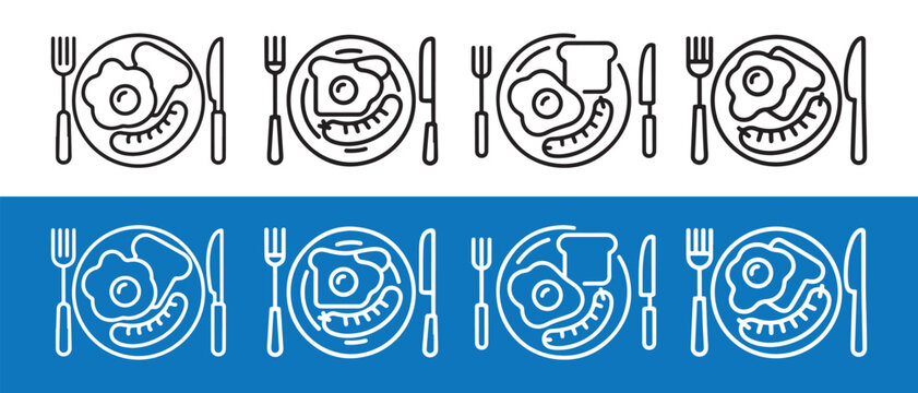 Seamless pattern of breakfast plates with fried egg, sausage, and toast, with cutlery, in line art style on white and blue backgrounds.