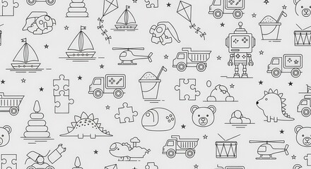 Fototapeta premium Seamless Pattern of Kids Toys Line Art Icons Including Robot, Dinosaur, Truck, and Sailboat