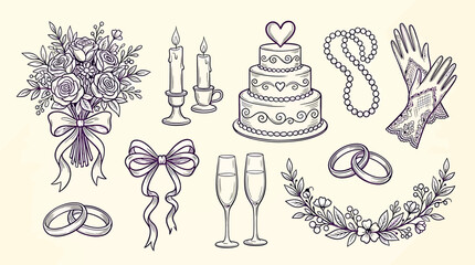 Set of handdrawn wedding elements, including a bouquet, tiered cake, candles, pearls, lace gloves, rings, champagne glasses, and floral wreath © SampaRani