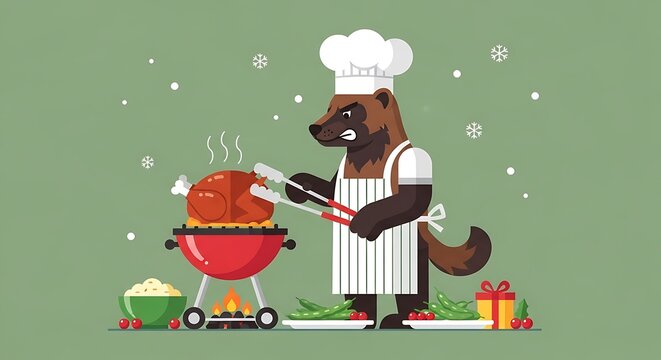 Animated wolverine chef, wearing chef's hat and apron, grilling a turkey on a red grill, with side dishes
