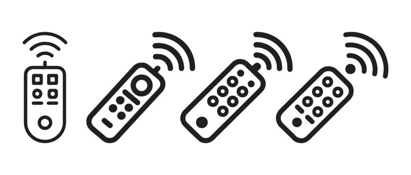 Set of four different remote control icons with signal waves, vector illustration.