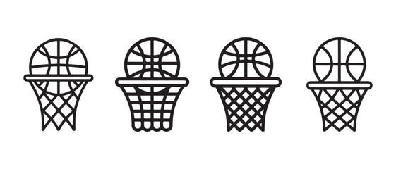 Basketball hoop and ball icon set, simple line art collection for sports game graphics. © Safali