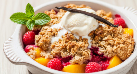 Fototapeta premium Peach and raspberry cobbler with oat topping served in a white ceramic dish. This traditional baked dessert is for family dinner recipe books and bakery advertising.