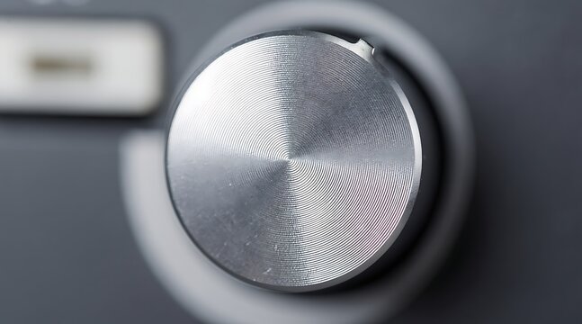 Close-up of a metallic knob on a gray device, showing its circular design and texture.