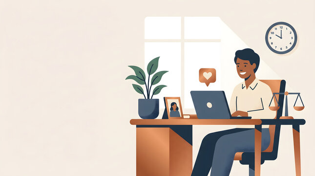 man working on laptop at desk with scales of justice
