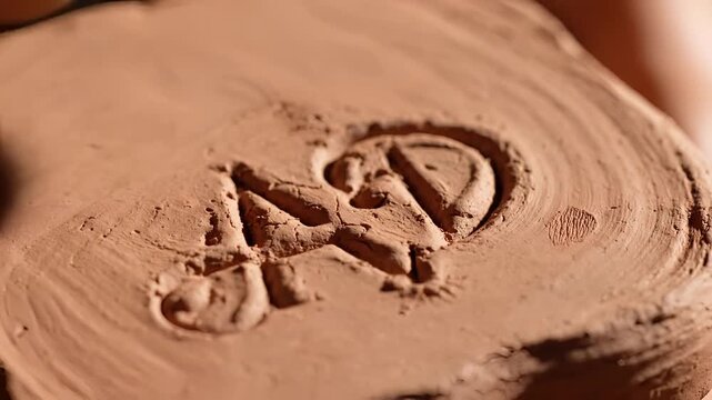 Closeup of a potters hand stamping a symbol into wet clay.