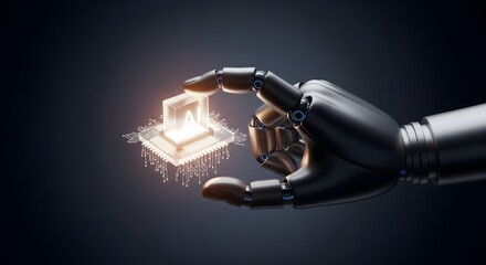 Fototapeta premium Robotic hand touching a glowing cube with AI text on a computer microchip representing artificial intelligence and futuristic technology.