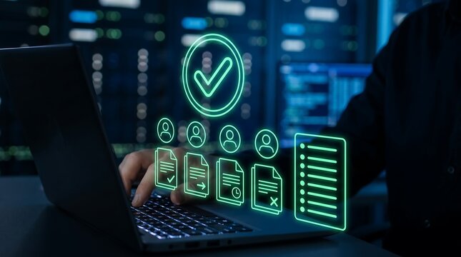 Digital compliance check and quality assurance icon, professional using laptop for data verification, cybersecurity and document management system