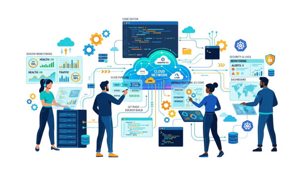 DevOps engineers cloud systems management vector illustration for web development operations