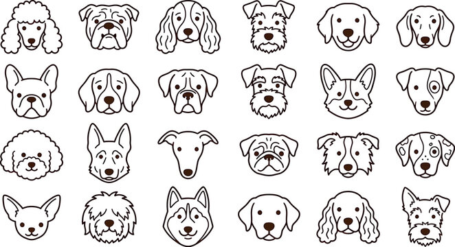 Set of dog breed icons, vector illustration of various dog faces