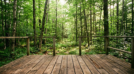 Fototapeta premium Wooden deck in the middle of a dense forest peaceful scenery
