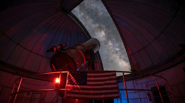 American flag waving inside observatory dome pointing telescope at starry night sky.