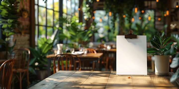Menu vierge sur table en bois pour repas de la F&ecirc;te des P&egrave;res dans un caf&eacute; lumineux et v&eacute;g&eacute;tal, concept de c&eacute;l&eacute;bration familiale et brunch avec papa.