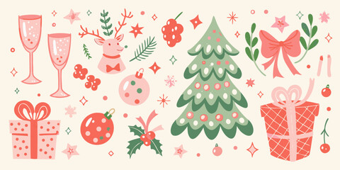 Christmas illustrations with champagne glasses reindeer and fir tree pattern © Juran