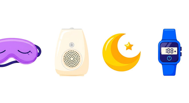 A vector graphic illustration of sleep and bedtime icons including a sleep mask, alarm clock, crescent moon, and smartwatch on a white background.