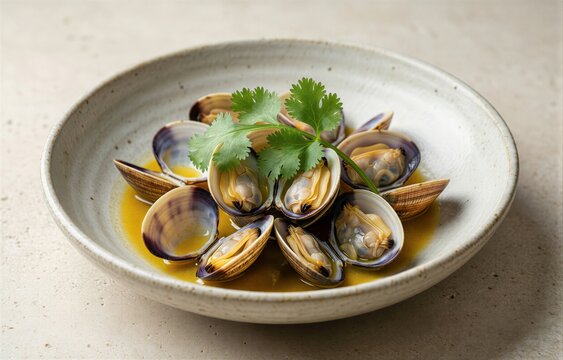 Ameijoas a Bulhao Pato in creamy yellow-green broth garnished with fresh parsley. Concept of clams with garlic cilantro white wine served in a ceramic bowl on light surface.