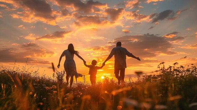 Silhouette d'une famille heureuse avec p&egrave;re, m&egrave;re et fils courant main dans la main dans un champ au coucher du soleil pour la f&ecirc;te des p&egrave;res, amour et libert&eacute;.