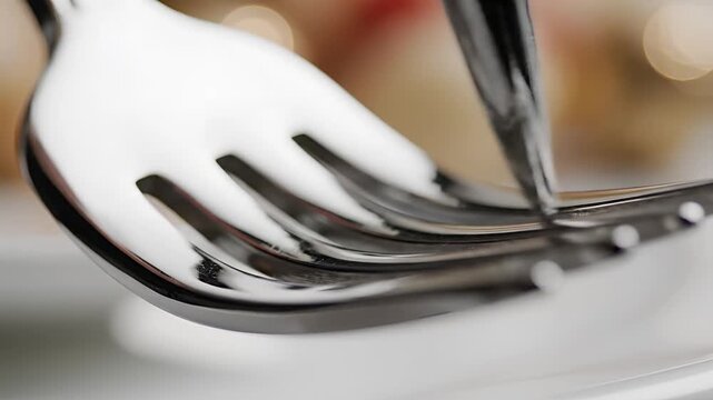 Closeup of Silver Fork and Spoon on White Plate with Blurred Background.