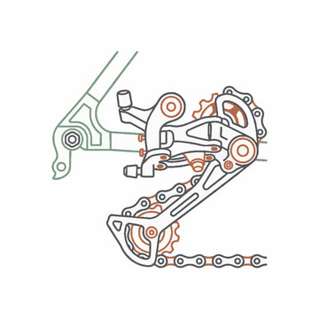 Bicycle rear derailleur and chain mechanism vector illustration on a white background, showing the intricate mechanical components for gear shifting