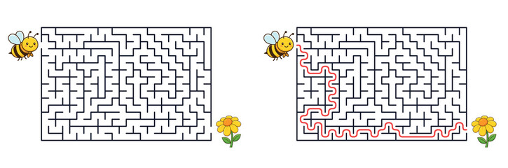 Help the little bee find the flower. Printable bee maze puzzle with solution for children © Vlada