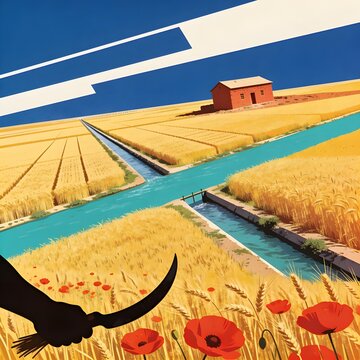 Retro 1950s poster illustration of Helmand River farmland &mdash; Afghan rural wheat fields, irrigation canal, and poppy flowers under bold flat color sky