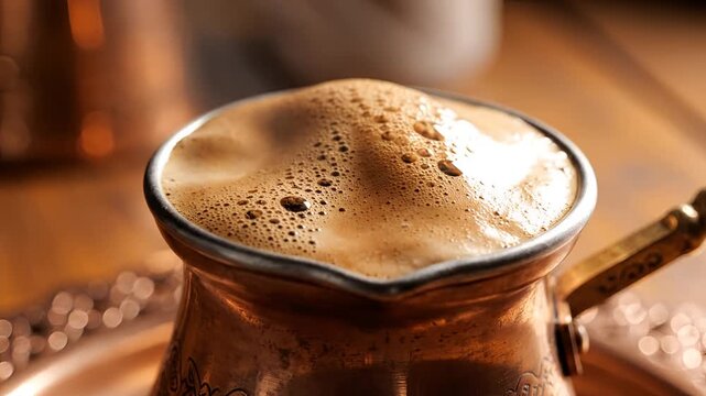 Closeup of Traditional Turkish Coffee Brewed in a Copper Cezve.