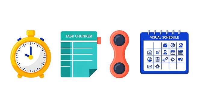 A colorful vector graphic illustration of productivity icons including a timer, task list, fidget spinner, and calendar