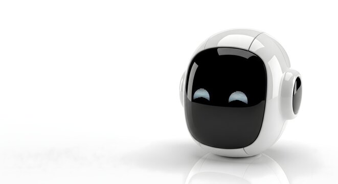 Close-up of a friendly white robot head with smiling digital eyes on a white background