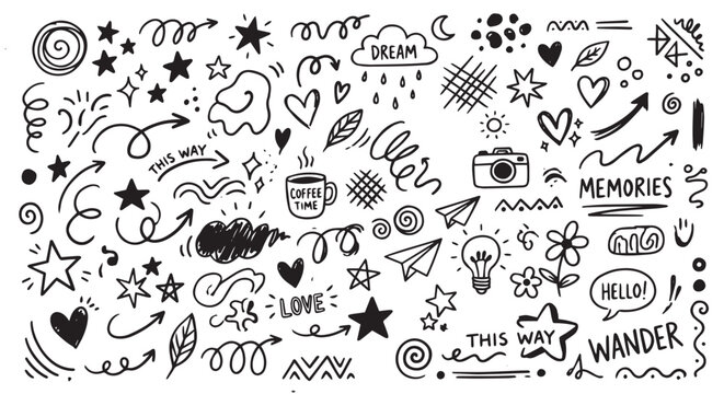 Cute hand drawn doodle set featuring words arrows stars hearts and symbols perfect for journaling scrapbooking and creative lettering projects