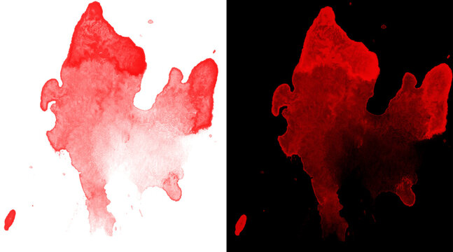 Vibrant red watercolor splash on white background, abstract crimson ink blot on black backdrop, artistic blood splatter texture for horror and medical design
