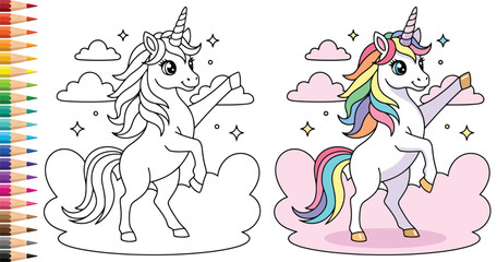 Unicorn with a rainbow mane rearing up on a fluffy cloud under a starry sky for a cute coloring page © Vexello
