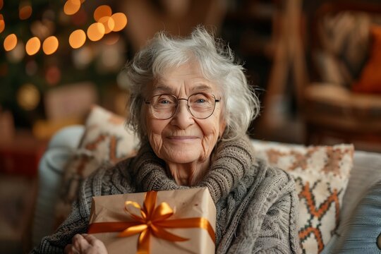 Grand-m&egrave;re souriante tenant un cadeau dans un salon chaleureux, portrait de femme senior heureuse recevant une surprise pendant les f&ecirc;tes de famille ou son anniversaire.