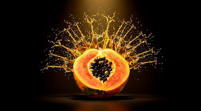 Vibrant Papaya Explosion - A Burst of Tropical Flavor and Refreshment on Black Background.